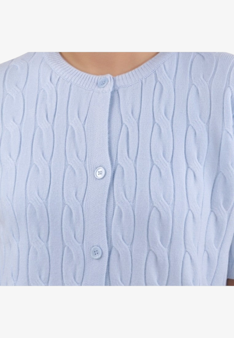 Falio light blue short-sleeve viscose cardigan with a round neckline, button-down front, and cable knit texture.