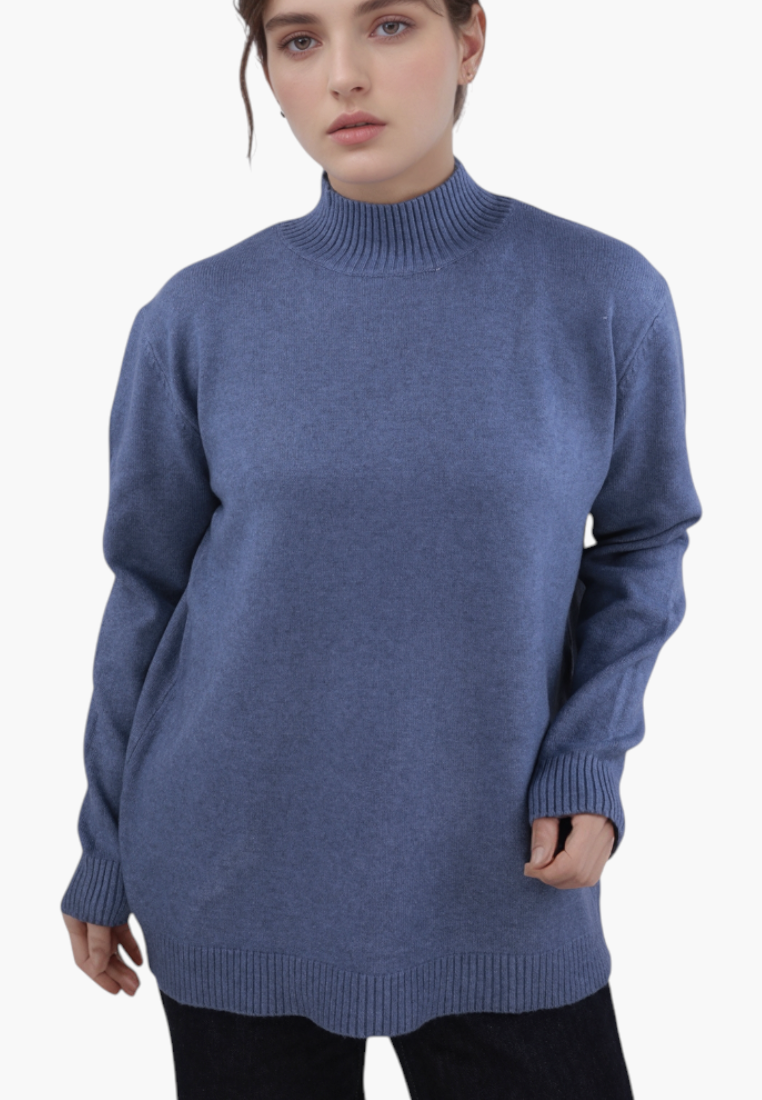 Falio blue viscose sweater with a mock neck and long sleeves worn by a model against a white background