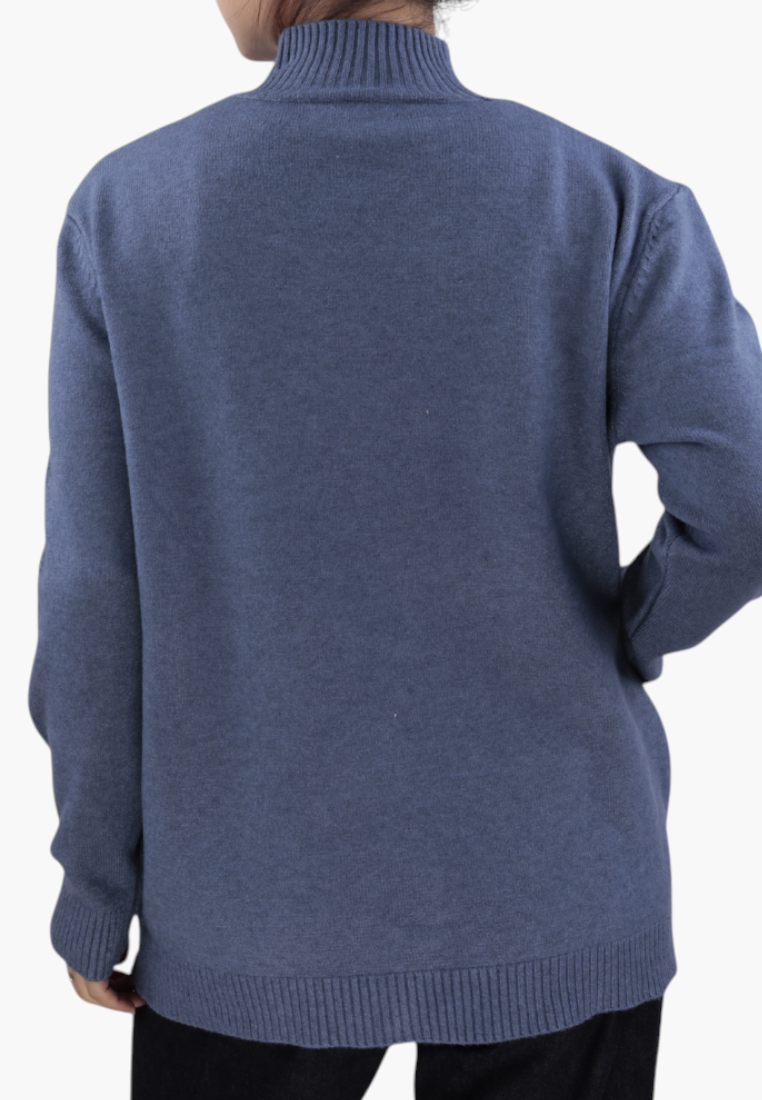 Falio blue viscose women's sweater with a mock neck and long sleeves, back view