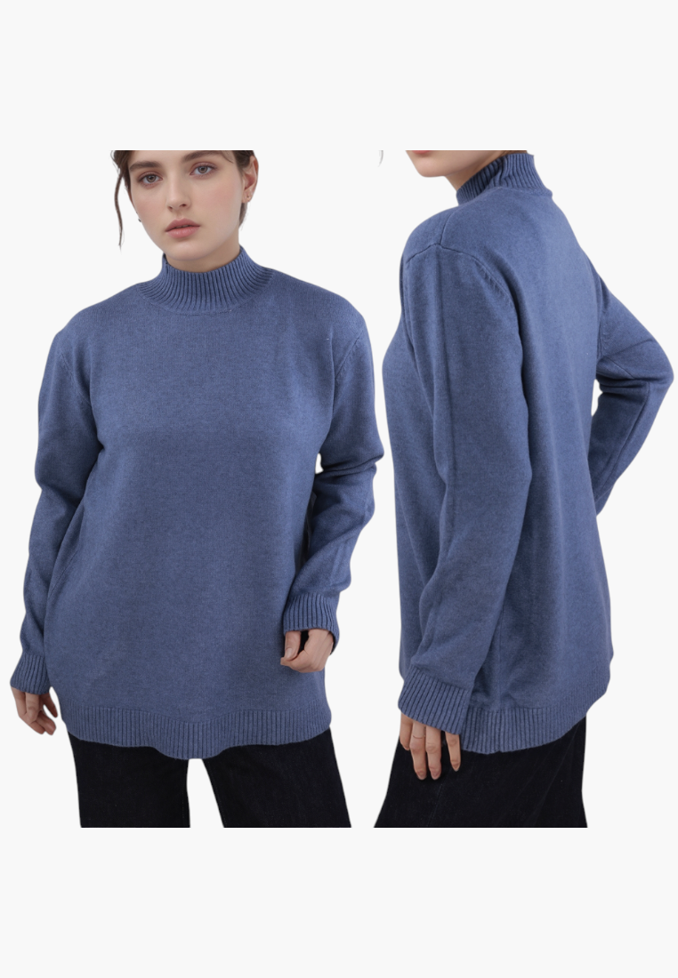 Falio blue viscose mock neck sweater for women with long sleeves and a classic fit shown from front and side angles.