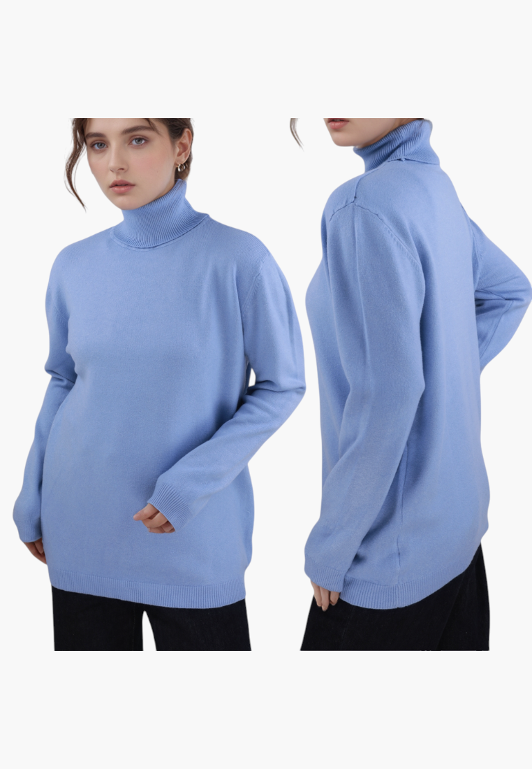 Falio plus size blue viscose blend turtleneck sweater with long sleeves worn by a model in front and side views
