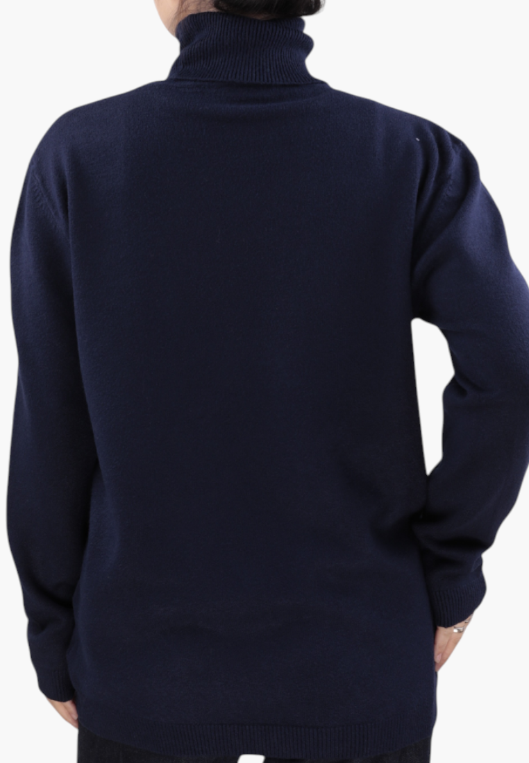 Falio blue long-sleeve turtleneck sweater made from a soft viscose blend, shown from the back on a model.