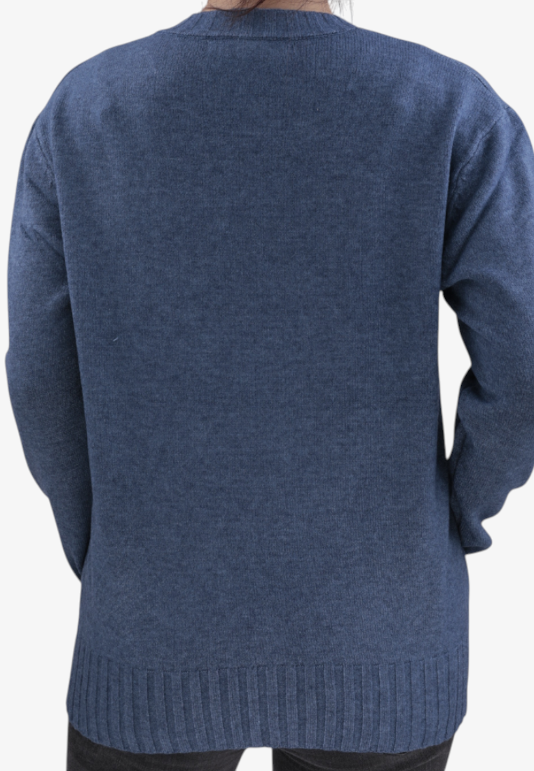 Falio blue wool-blend sweater with long sleeves and ribbed hem, back view on a model