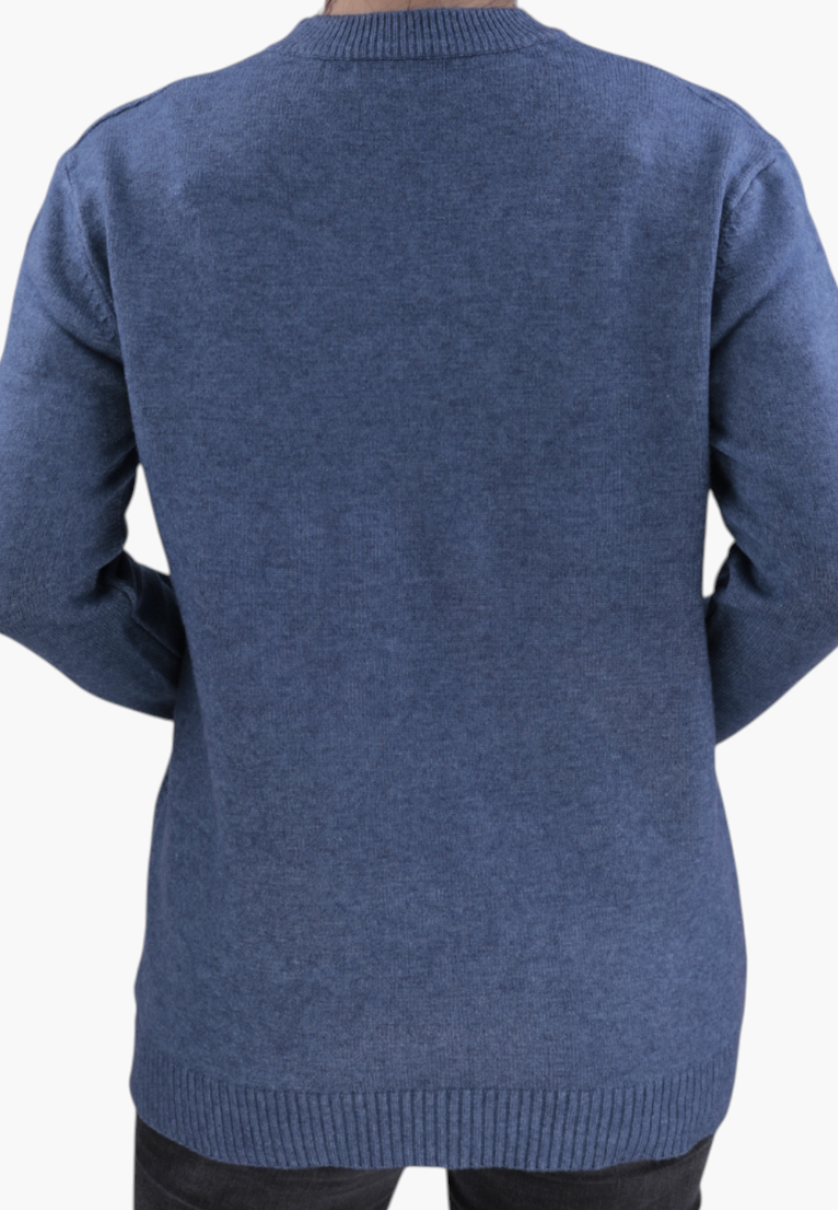 Falio blue wool blend sweater with a round neck and long sleeves, shown from the back on a model.