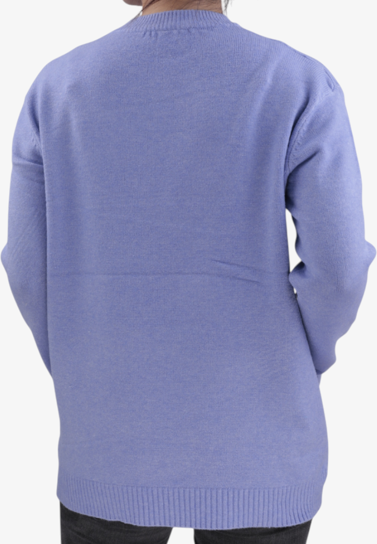 Back view of a Falio blue wool blend sweater with a round neckline and long sleeves on a person