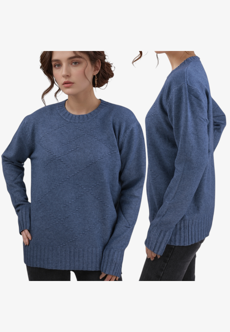 Falio blue wool-blend sweater with round neck and diamond texture pattern worn by a model