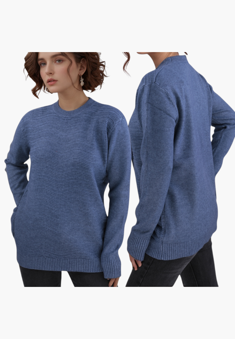 Falio blue wool-blend sweater with a round neck and wavy texture worn by a model, front and back view.