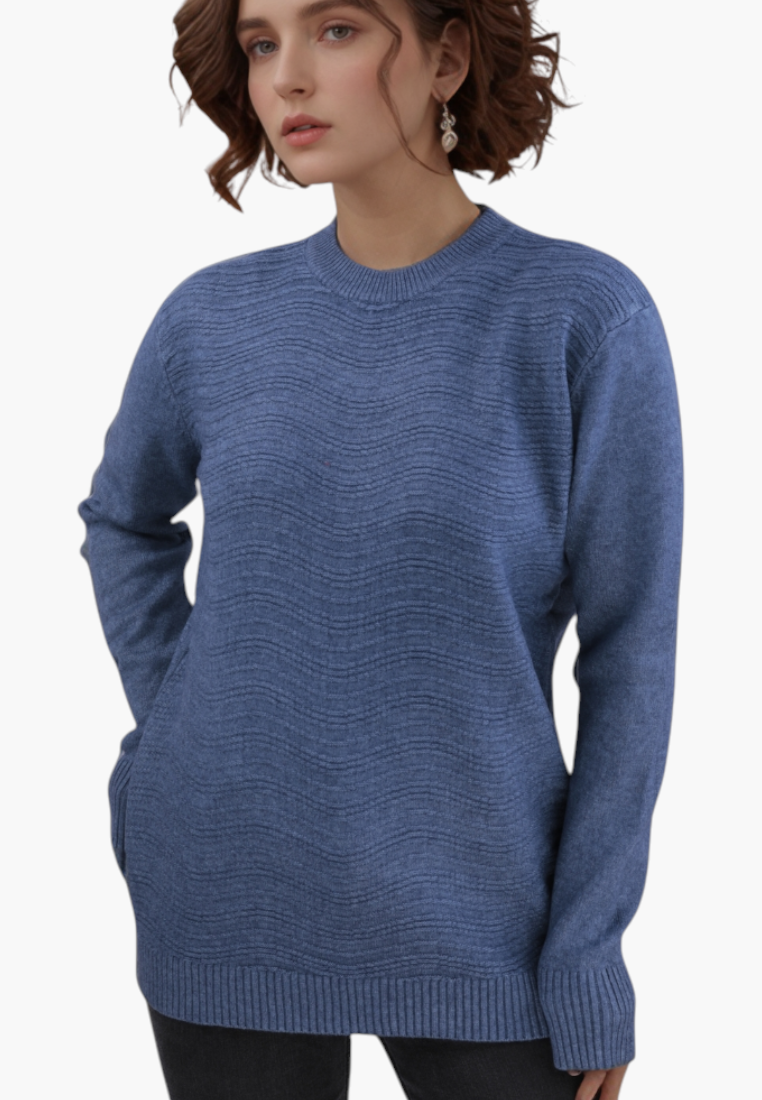 Falio blue wool-blend sweater with a round neckline and textured wavy pattern worn by a woman