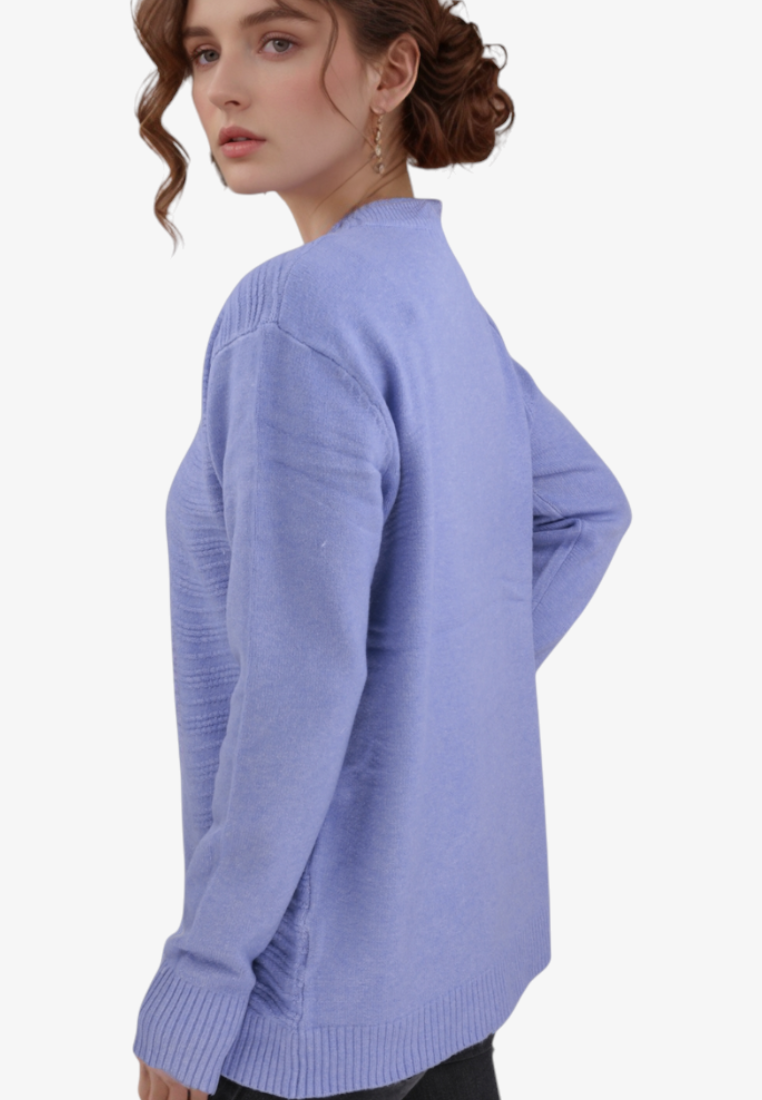 Falio blue wool-blend sweater with round neckline and long sleeves worn by a woman, side view
