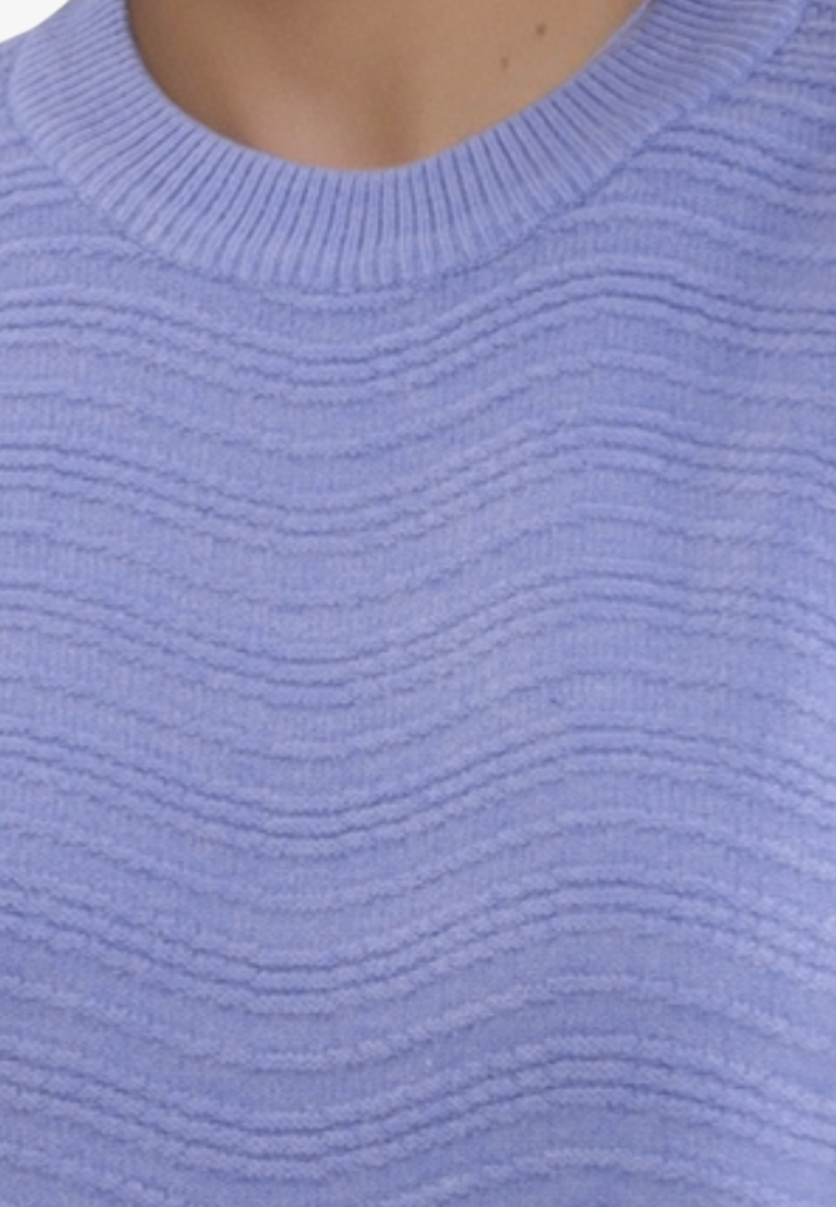 Falio blue wool blend sweater with a round neckline and textured wavy knit pattern for women.