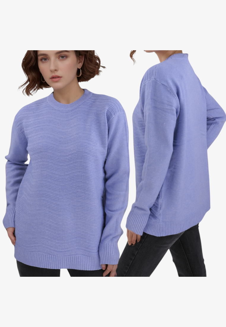 Falio women's blue wool-blend sweater with a round neckline and textured wavy knit pattern worn by a model