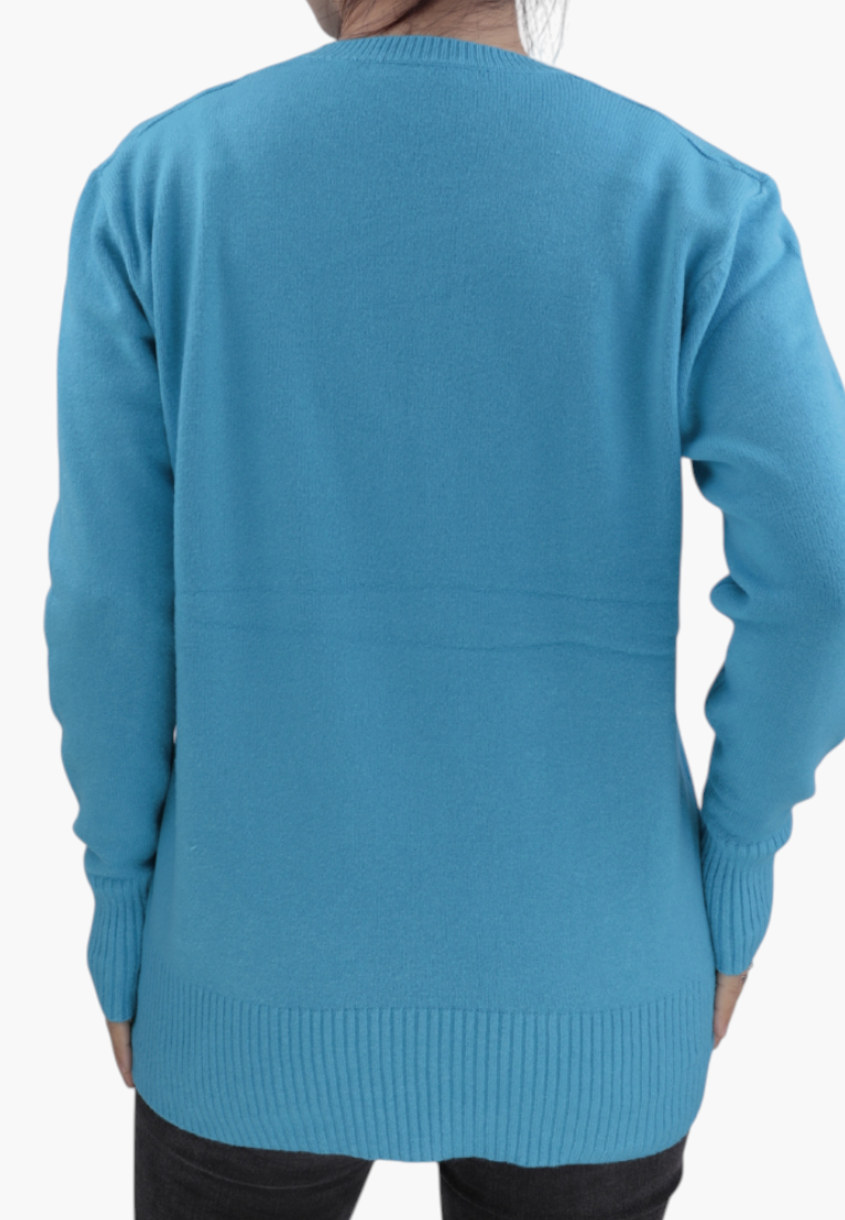 Falio blue wool and cashmere blend sweater with a round neckline and long sleeves, back view on a model