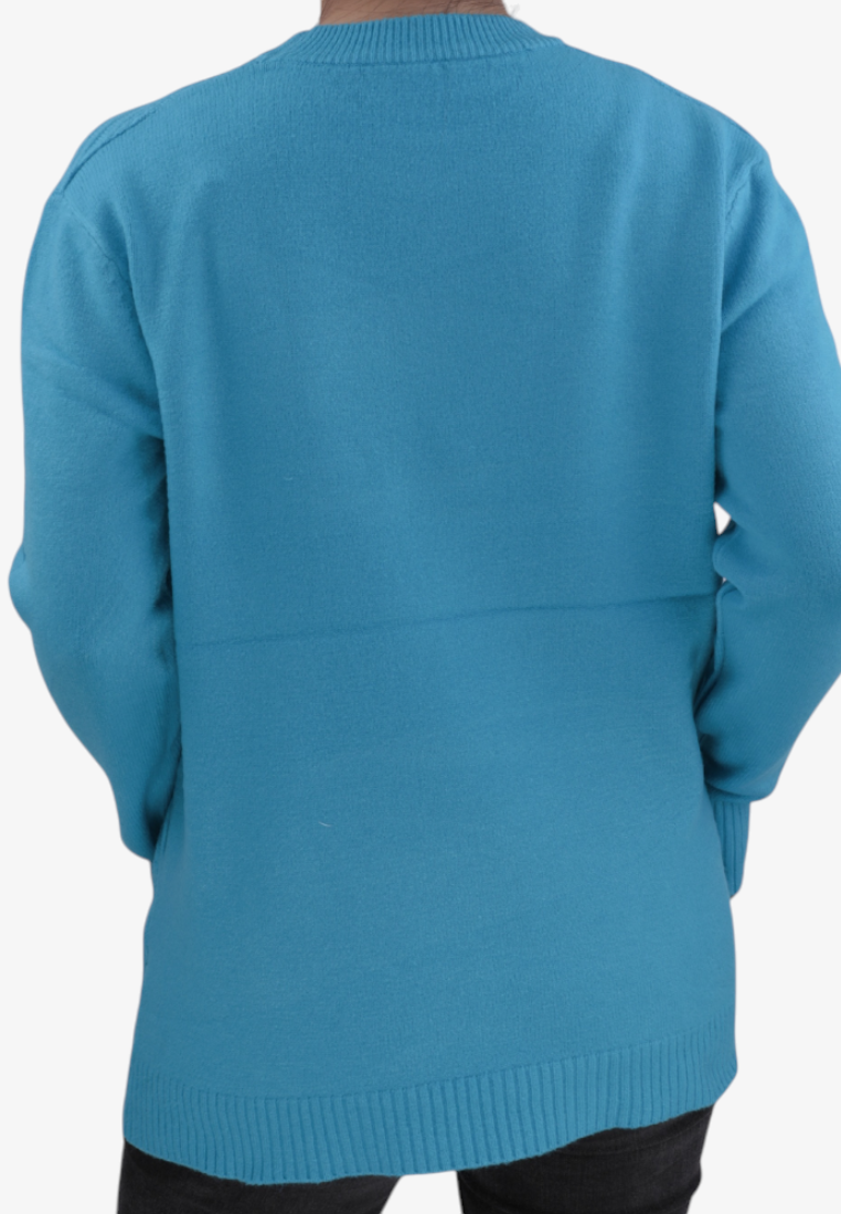 Back view of a Falio blue wool and cashmere blend sweater with a round neckline and ribbed hem on a model