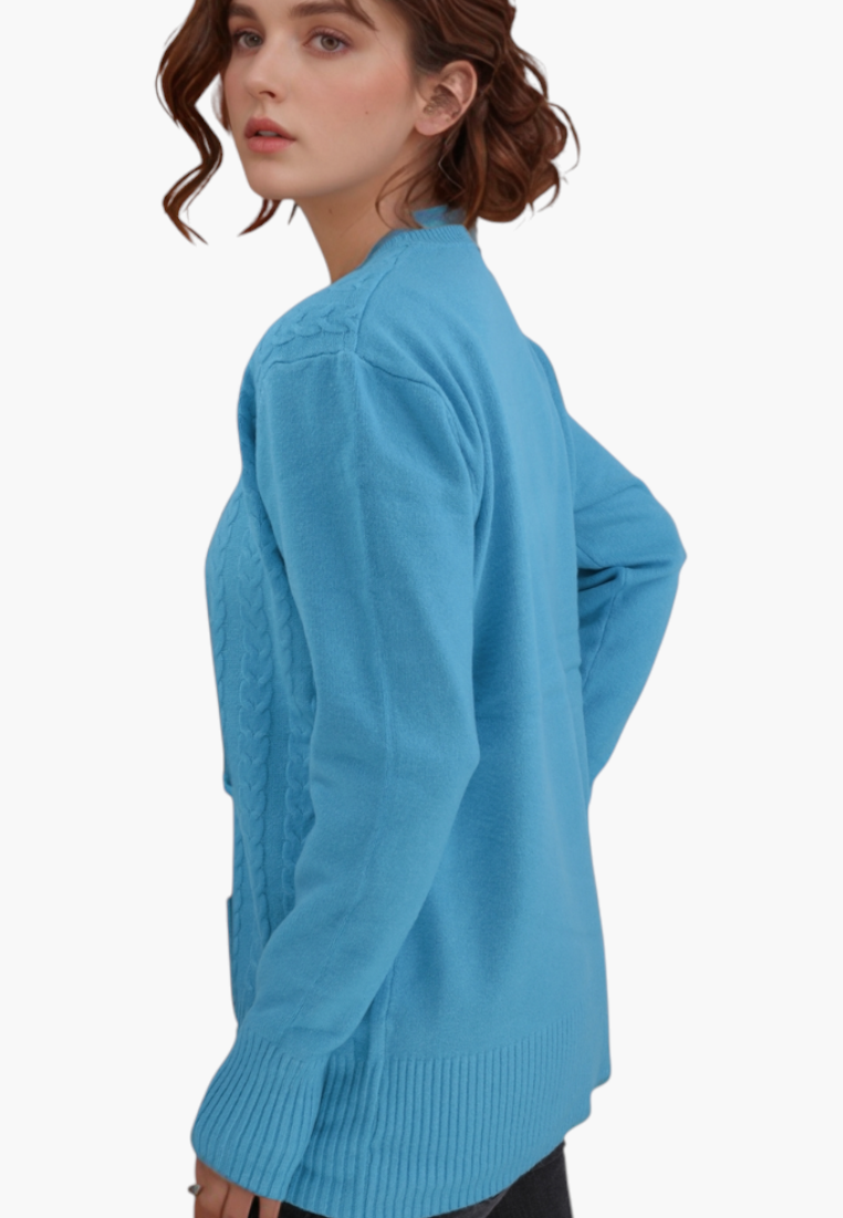 Falio blue wool and cashmere blend sweater with a round neckline and cable knit detail worn by a model