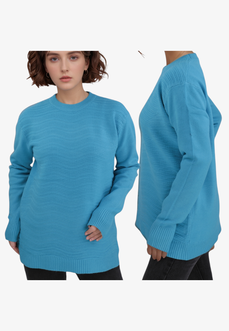 Falio blue wool and cashmere blend sweater with a round neck and textured wave pattern worn by a model