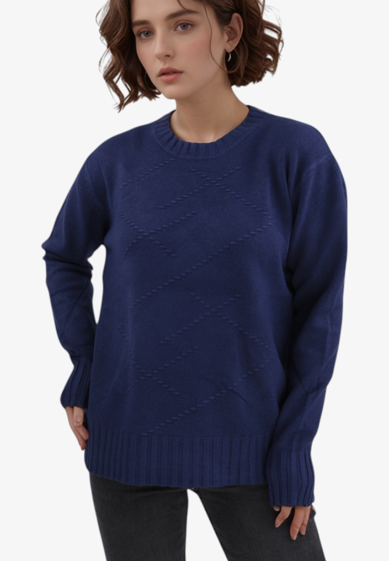 Falio blue wool and cashmere blend sweater with a round neckline and subtle diamond pattern worn by a woman