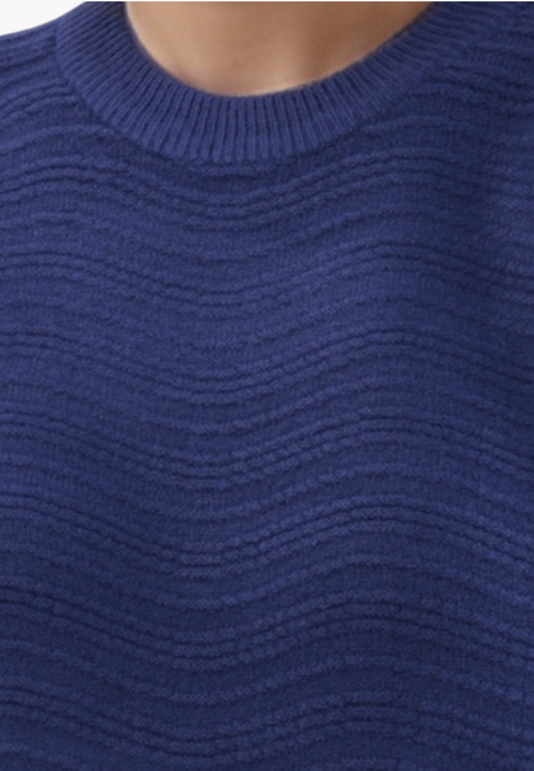 Falio blue women's sweater with a soft wool and cashmere blend, featuring a textured wavy knit and round neckline.