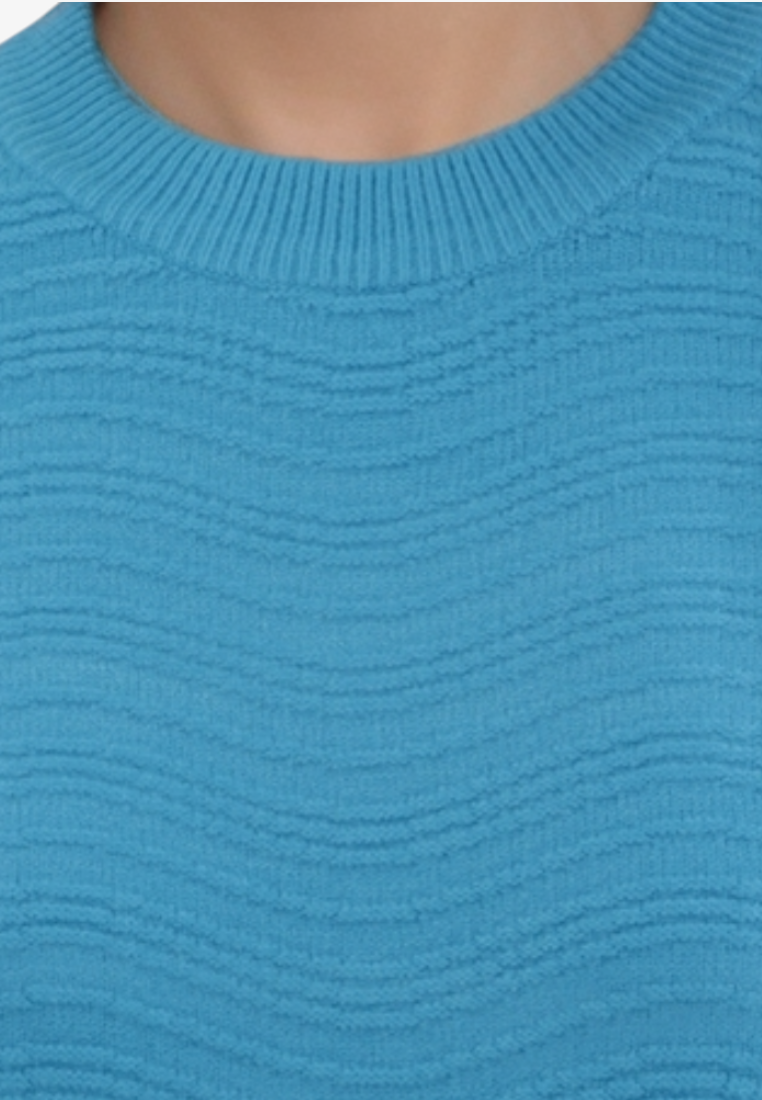 Falio blue wool and cashmere blend sweater with a ribbed crew neckline and textured wavy knit pattern