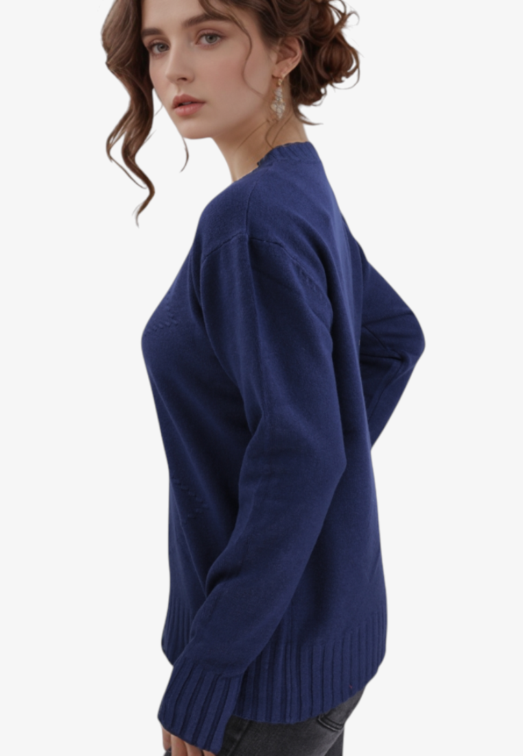 Falio blue wool and cashmere blend sweater with a round neckline worn by a woman in a side profile view