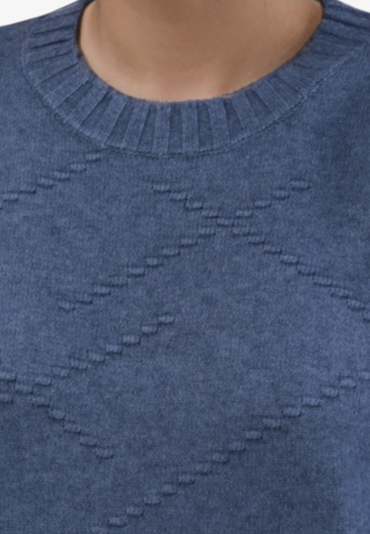 Falio blue women's sweater with a round neck and subtle diamond knit texture, made from a soft wool-cashmere blend.