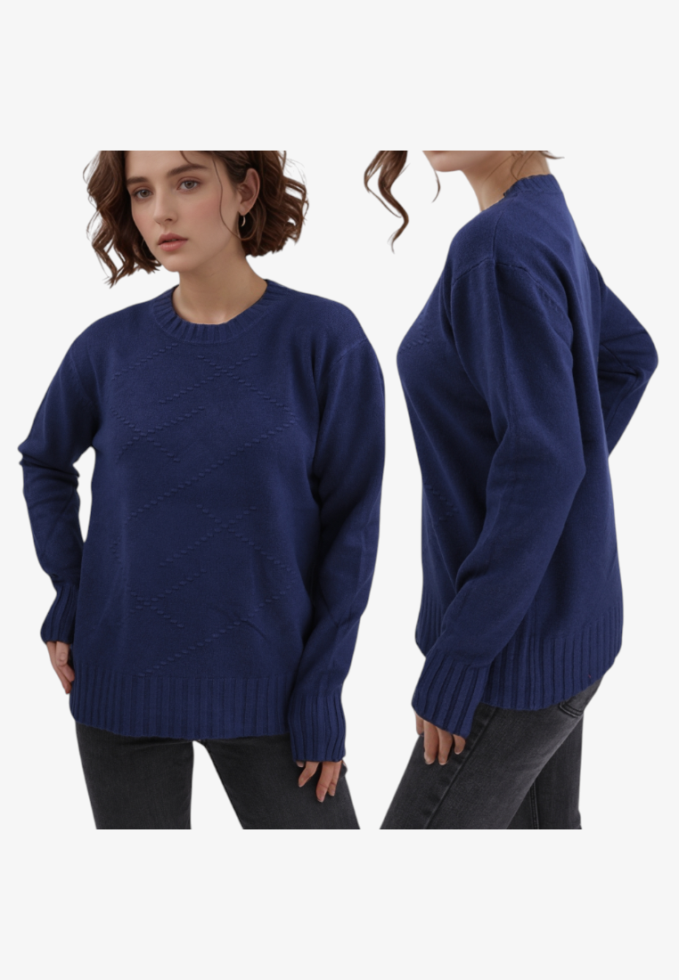 Falio blue wool and cashmere blend sweater with a round neck and subtle diamond texture on a model