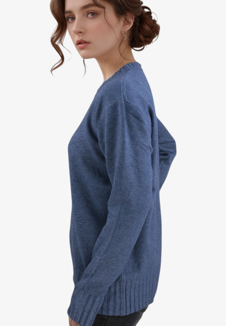 Falio blue wool and cashmere blend sweater with a round neck worn by a woman in a side profile view