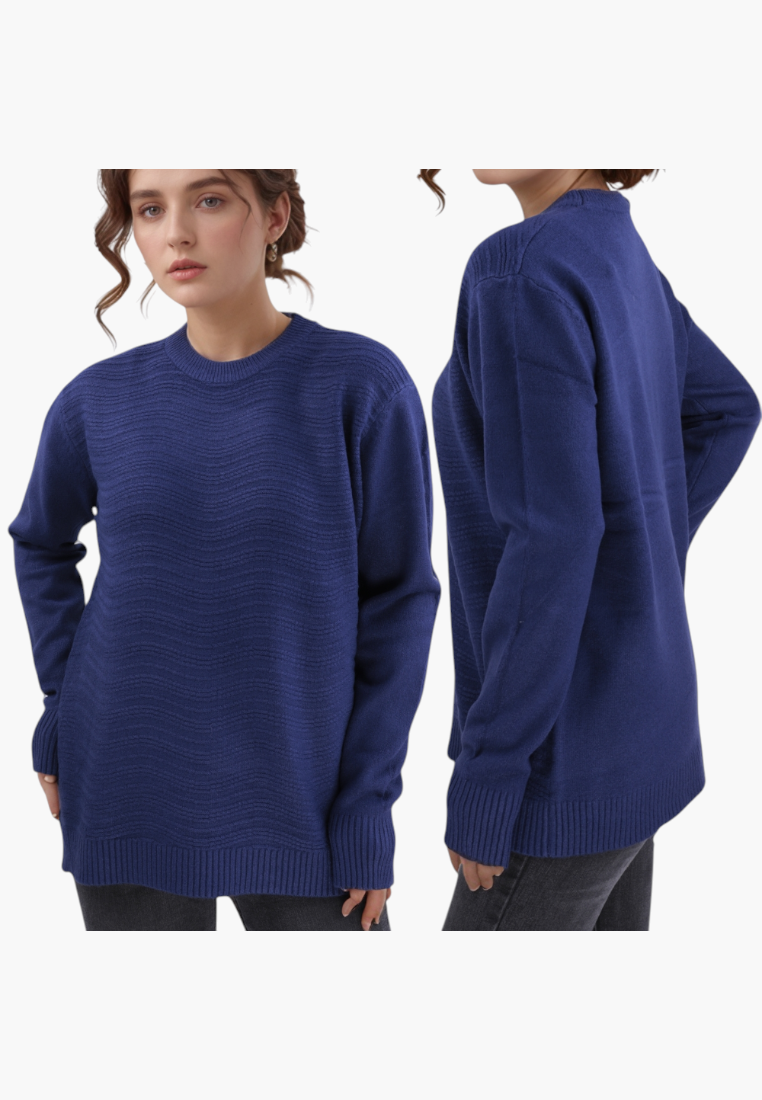 Falio women's blue wool and cashmere blend sweater with a textured wavy pattern, round neckline, and long sleeves.