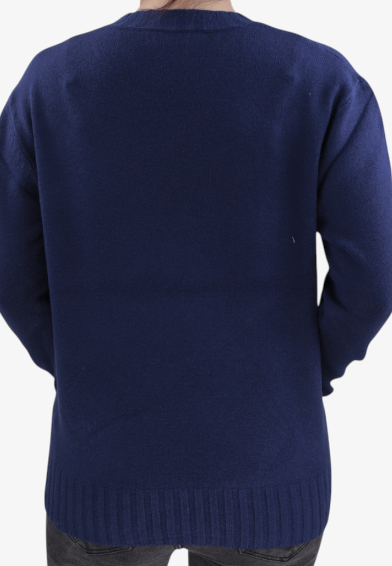 Falio blue wool and cashmere blend women's sweater with a round neckline and ribbed hem, back view