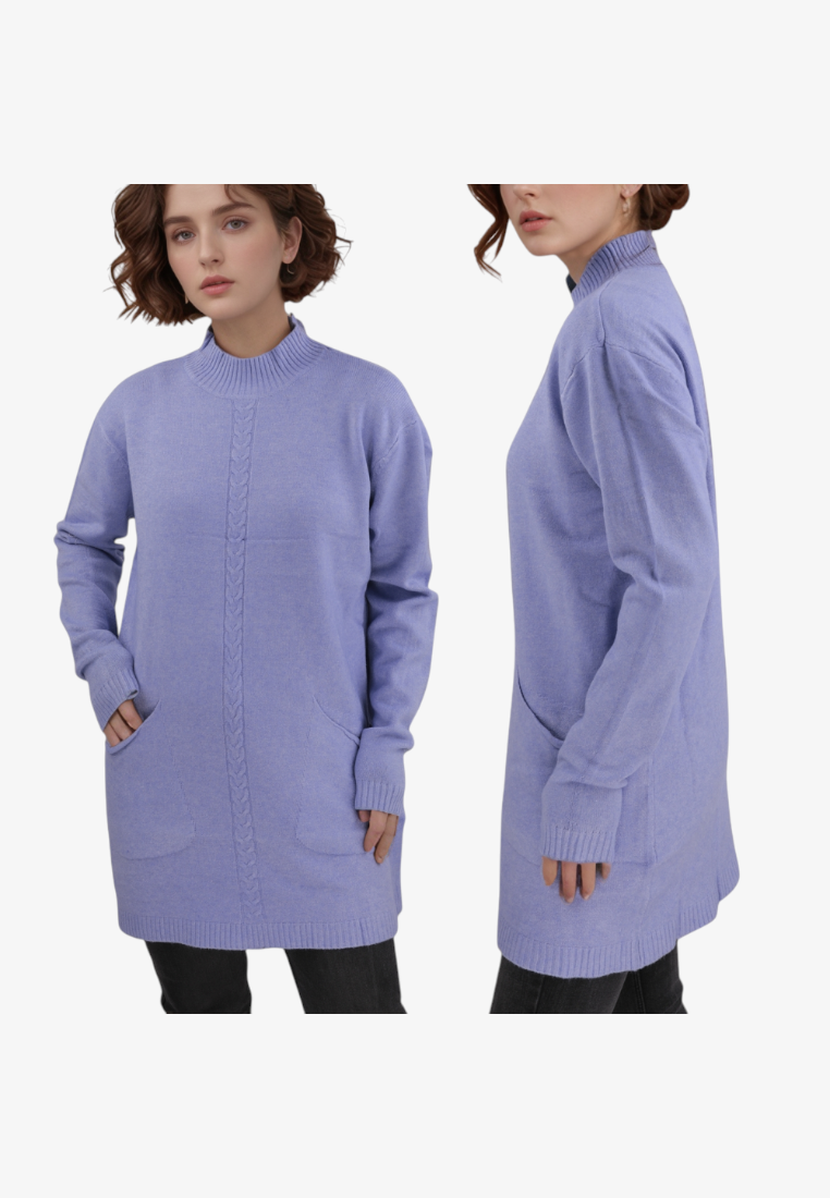 Falio blue plus size wool blend sweater with mock neck, long sleeves, and cable knit detail on a model