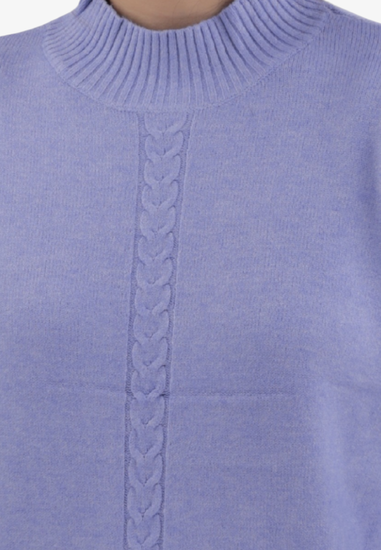 Falio blue plus size wool blend sweater with a ribbed mock neck and vertical cable knit detail