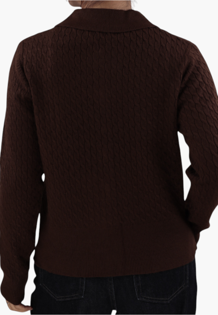Falio brown button-up cardigan for women with long sleeves and a classic textured knit back view