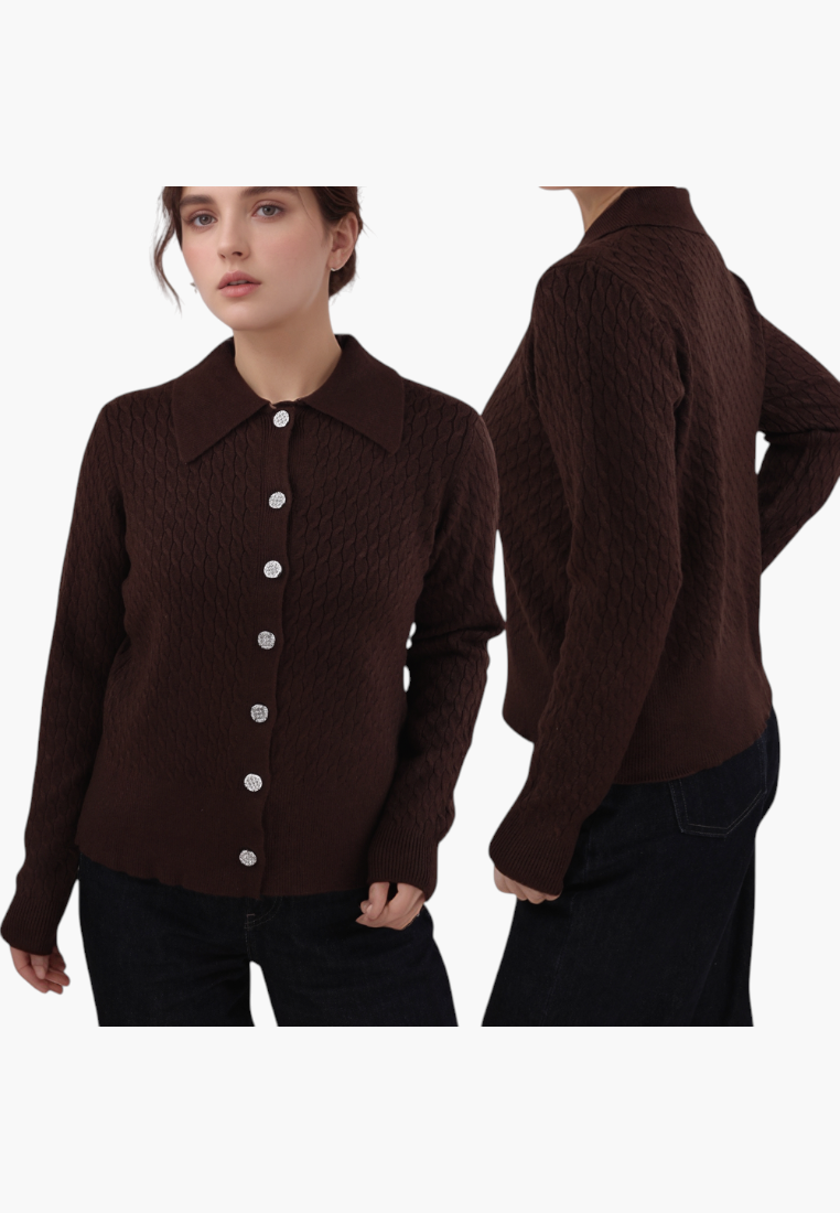 Falio brown button-up cardigan with a classic collar and textured knit pattern worn by a model.