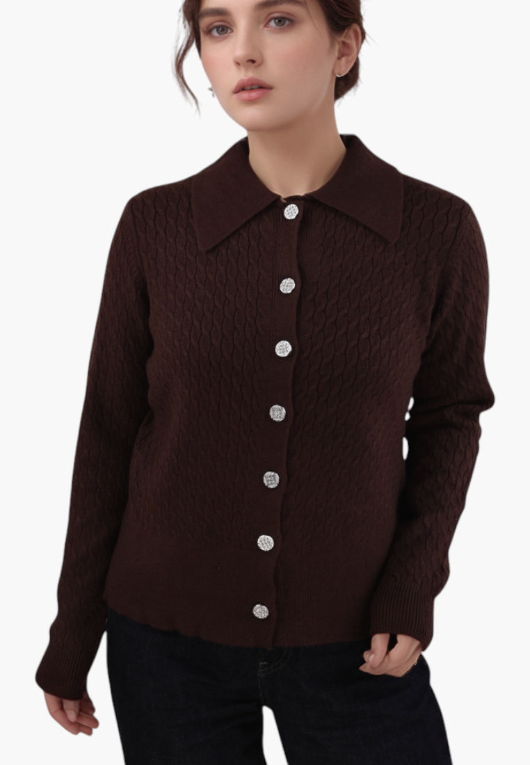 Falio brown button-up cardigan with a textured knit pattern, long sleeves, and a classic collar worn by a model.