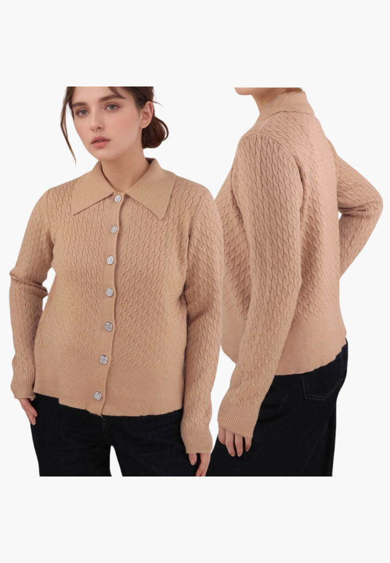 Falio brown button-up knit cardigan with a collared neckline and long sleeves worn by a woman