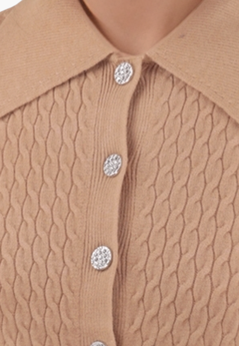 Falio brown button-up knit sweater with a classic collar and textured cable knit pattern