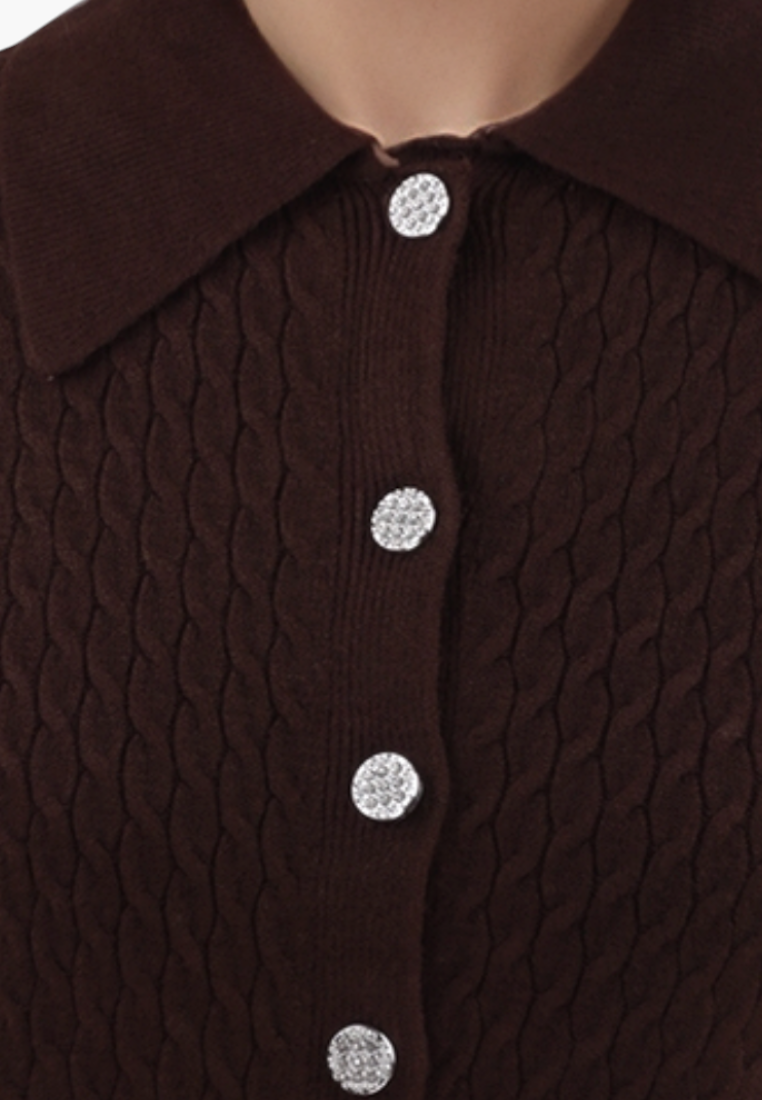 Falio brown button-up cardigan with a cable knit texture and decorative silver buttons on a collared neckline