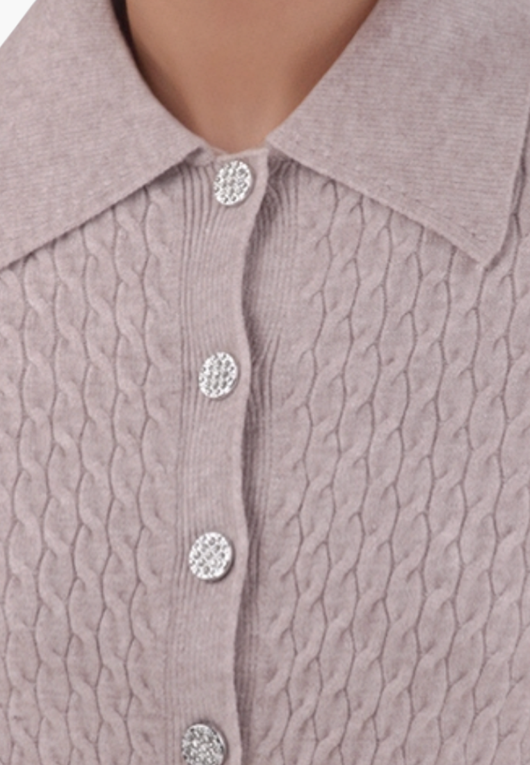 Falio brown cable knit button-up cardigan with a classic collar and textured viscose blend fabric
