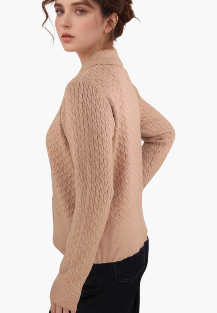 Falio brown button-up cardigan with long sleeves and cable knit texture worn by a woman, side view.