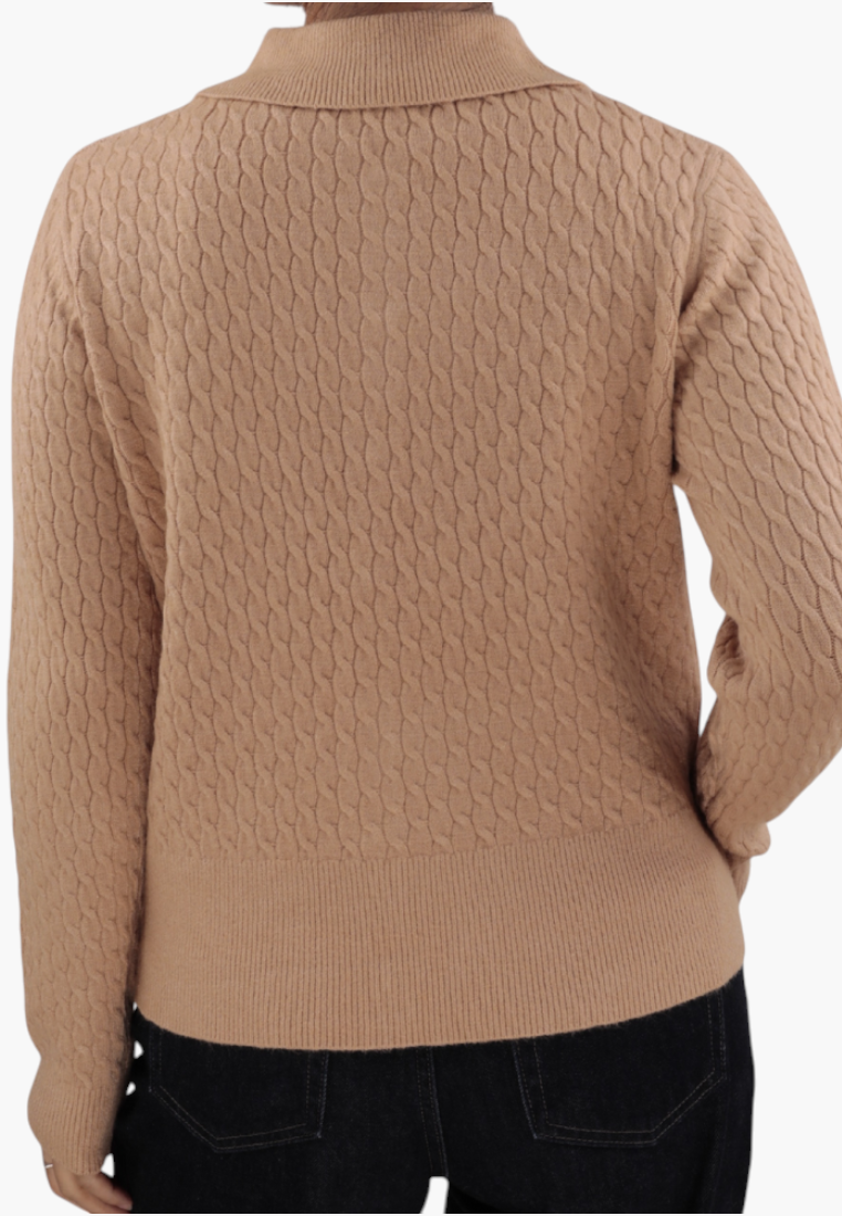 Falio brown cable knit sweater with long sleeves and a round neckline, shown from the back.