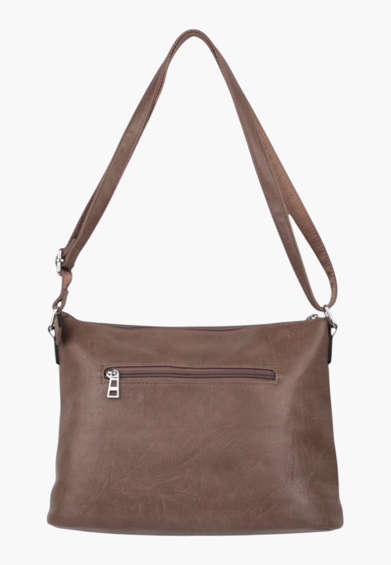 Falio brown leather-look crossbody bag with a zippered back pocket and adjustable shoulder strap