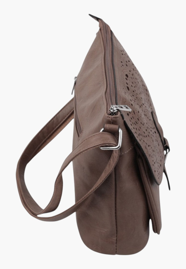 Falio brown crossbody messenger bag with laser-cut floral pattern detail on the flap and adjustable shoulder strap.