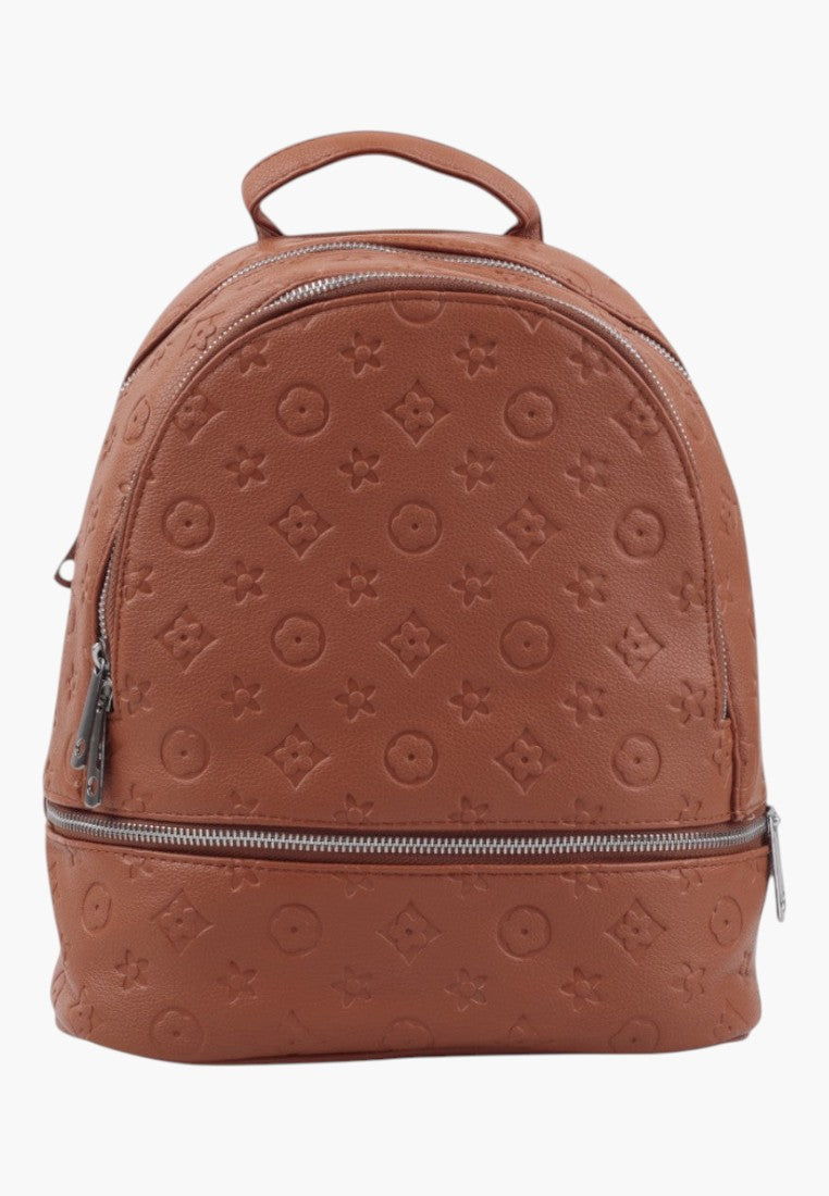 Falio brown urban women's backpack with embossed floral pattern, front zip pocket, and top handle.