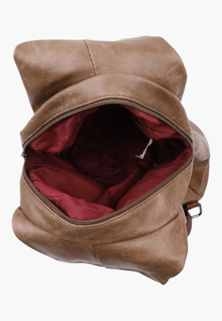 Falio brown faux leather urban backpack with open main compartment and dark red interior lining