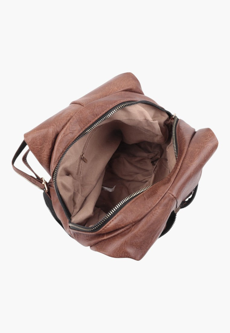 Falio urban women's backpack in brown faux leather with a zippered main compartment and multiple pockets