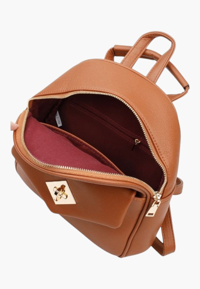 Falio brown faux leather urban backpack with gold hardware, two compartments, and zip closure
