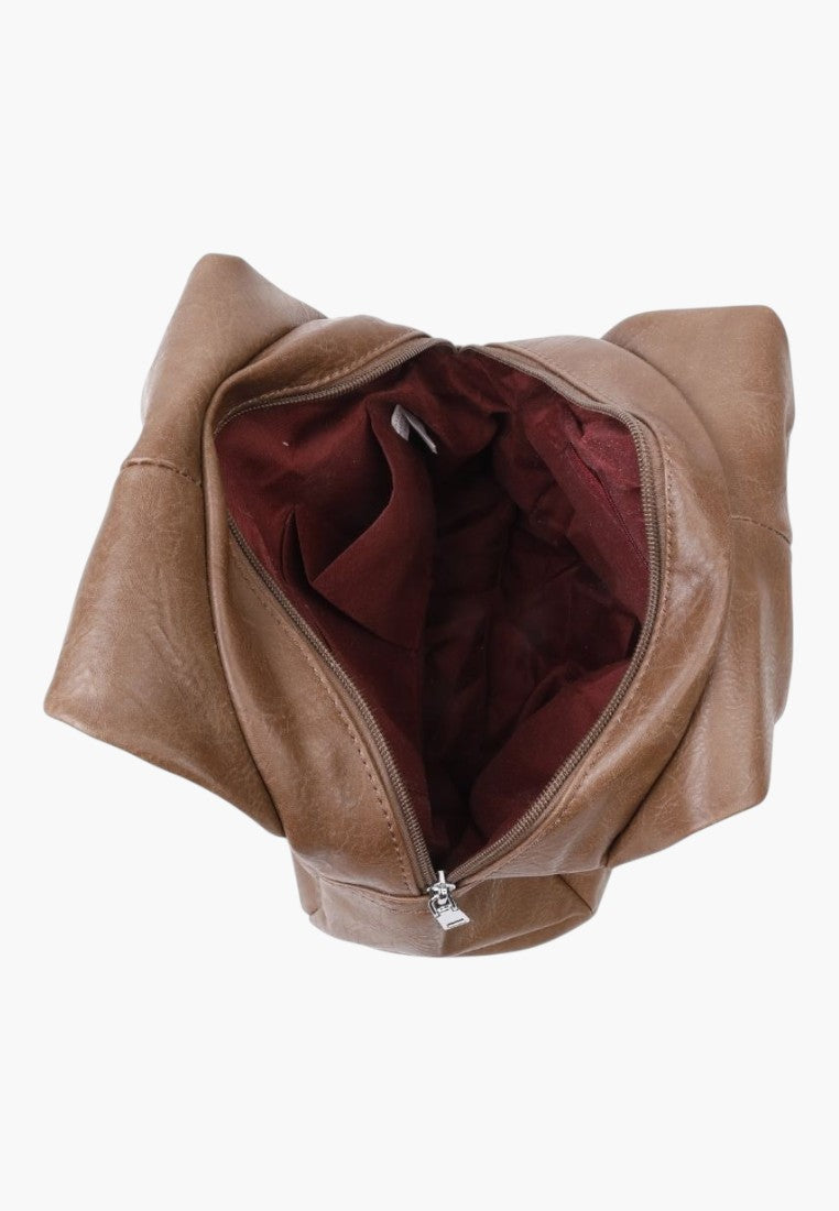 Falio brown faux leather urban backpack with open top view showing spacious interior and zippered compartment
