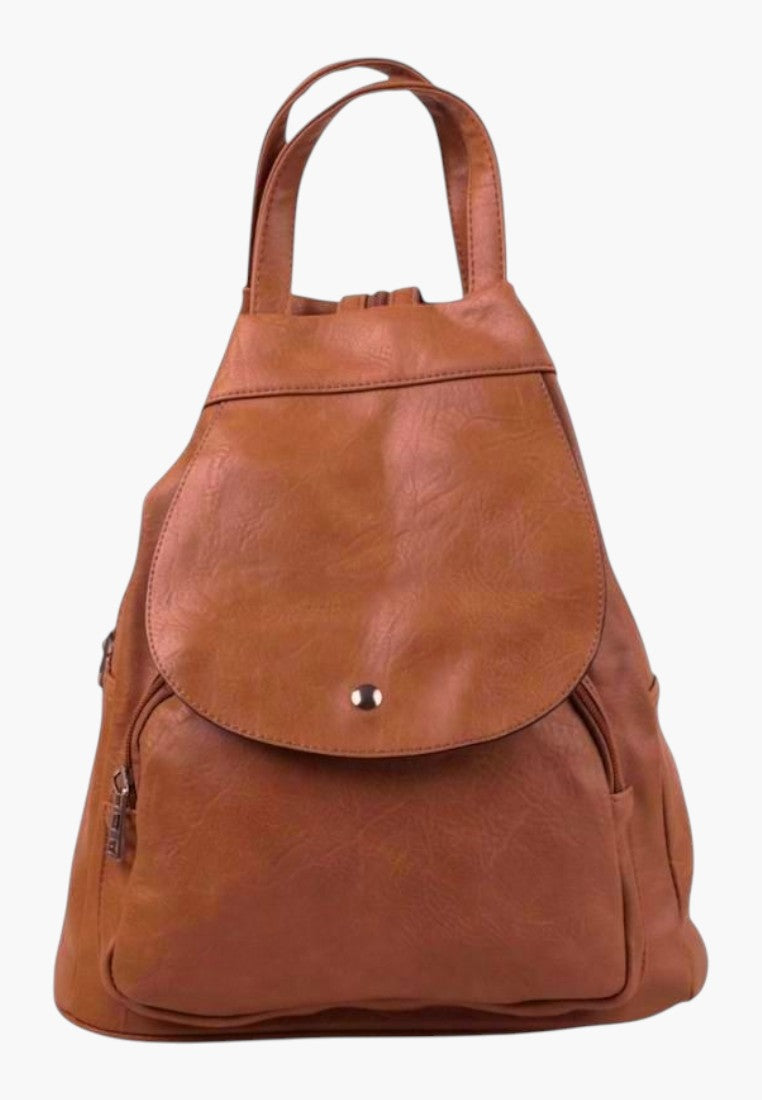 Falio brown faux leather women's urban backpack with a top handle, front flap pocket, and A4 capacity