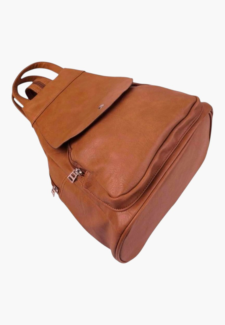 Falio brown faux leather urban backpack with A4 capacity, featuring multiple zippered pockets and a flap closure.
