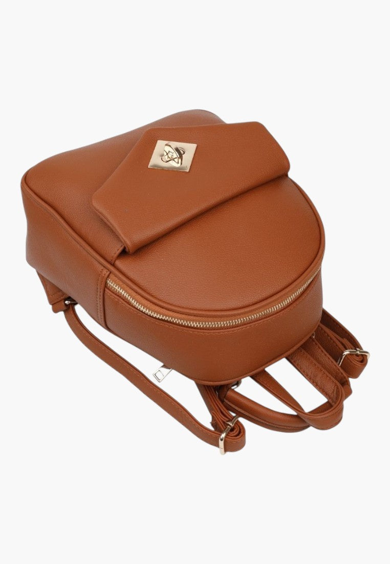 Falio brown faux leather urban backpack with a front flap, gold hardware, and zipper closure