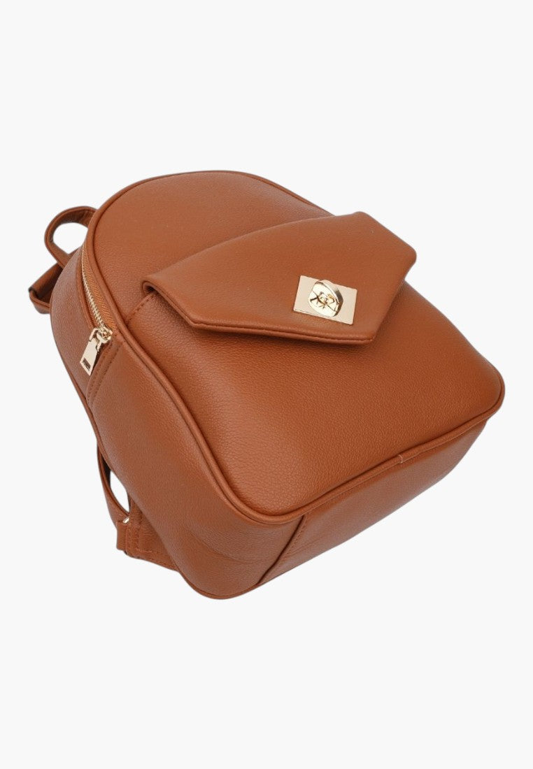 Falio brown faux leather urban backpack with gold hardware, front flap pocket, and secure zip closure.